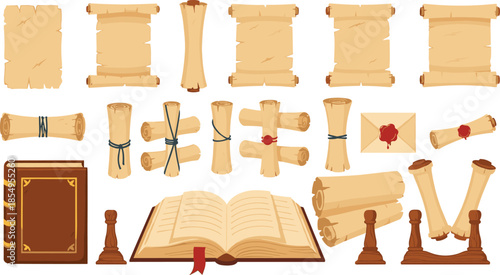 Ancient parchment scroll and manuscript vector set with rolled papers, old books, wax seals, and medieval writing elements for history and fantasy design