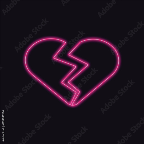 Neon Broken Heart Icon Representing Heartbreak and Sadness