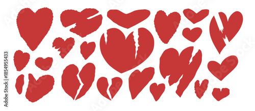 Set of torn paper heart shapes in flat style. Ripped paper abstract elements. Cut out love pieces for scrapbook