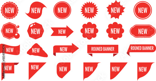 New label and ribbon badge vector set with red tags, banners, stickers, and promotional sale shapes for marketing, ecommerce, and advertising design
