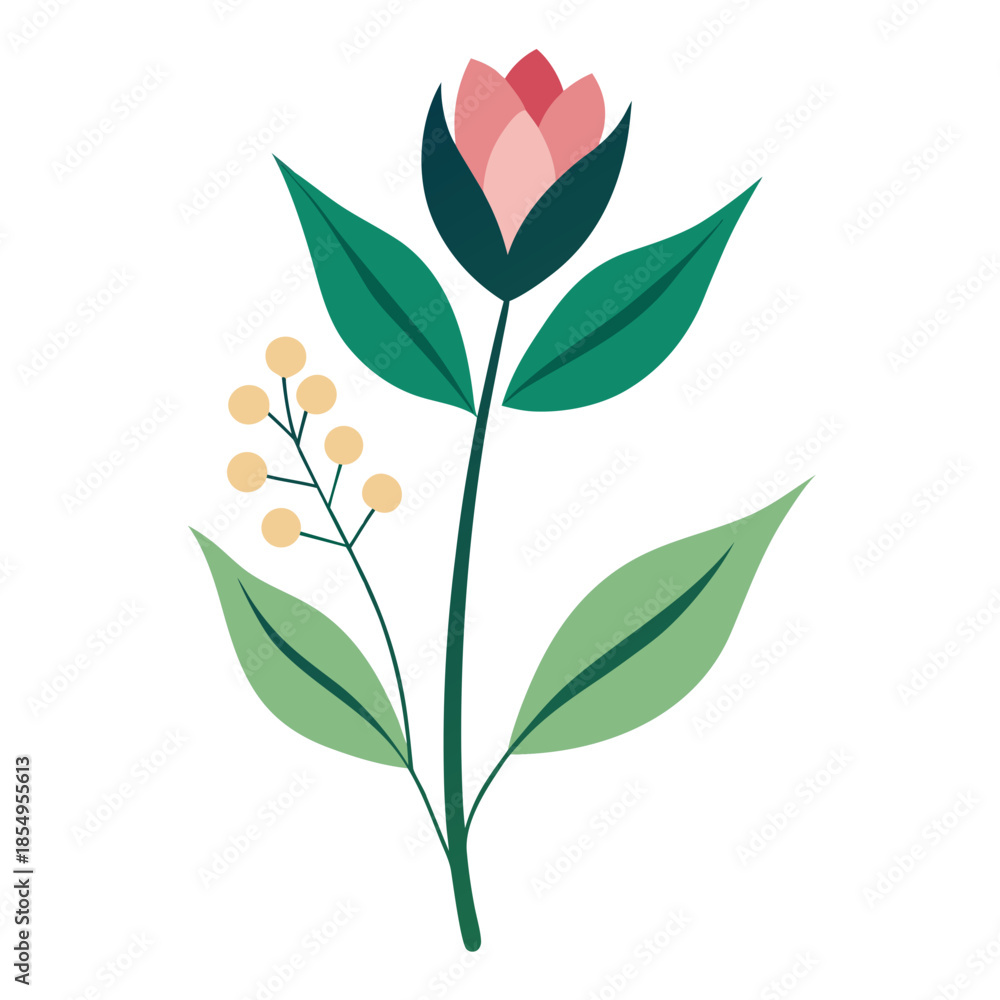 Fototapeta premium Vibrant pink flower with lush green leaves and yellow buds on stem