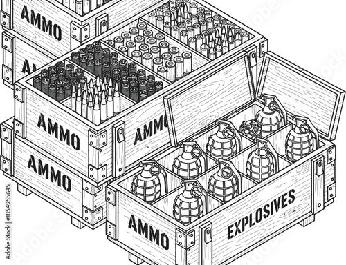 Isometric line art illustration depicting stacked wooden ammunition crates filled with various types of projectiles and hand grenades ready for transport or storage
