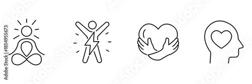 Freshness wellness icon set, meditation infinity pose, energetic body vitality, hands holding heart, mental health love mind illustration.
