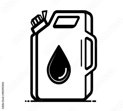 Simple black and white illustration of a gas can with a single droplet below it