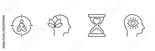 Freshness mindfulness icon set, meditation focus target, mental wellness lotus mind, love time hourglass, inner vision awareness head illustration.