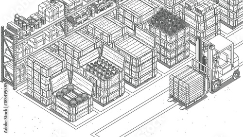 Detailed isometric illustration of a high security military warehouse filled with wooden crates of ordnance and supplies being managed by a forklift truck.