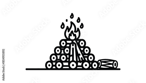 A black and white image of a pyramid shaped pile of logs on fire with one log lying next to it on the right