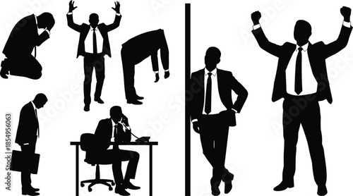 Silhouettes of businessman in stress and success poses, black figures, emotional contrast, workplace journey, briefcase, desk, white background, professional expression