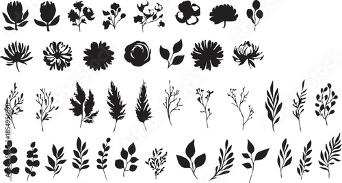 Black floral vector pack: flower, leaf, and branch silhouettes for design eps