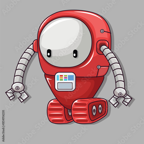 Cute Red Robot Character with Tank Treads and Segmented Arms