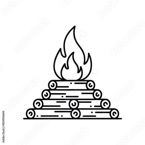 A stack of logs with a fire burning on top for outdoor camping and cooking