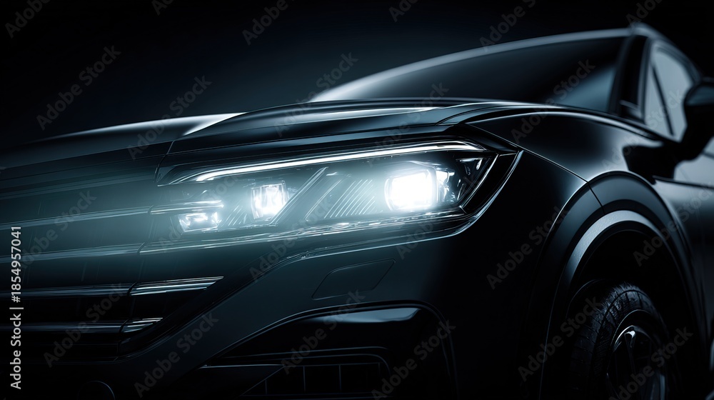 Fototapeta premium Dramatic Close-Up Modern Black Car Headlight Illuminating the Dark Background
