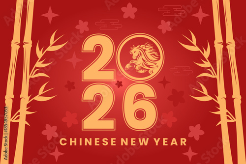 Happy Chinese New Year background with fire horse and attractive bamboo tree. Lunar new year 2026 vector background