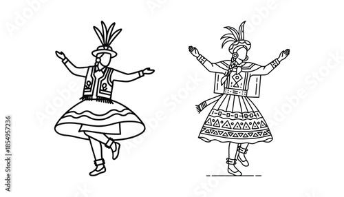 Two traditional dancers in ornate costumes and headdresses performing a lively dance