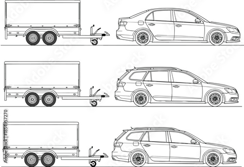 Car towing trailer outline illustration set, sedan and station wagon with cargo trailer, side view automotive line art, isolated on white background