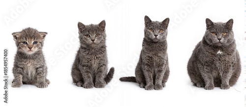 Four gray tabby kittens, relaxed and calm, sit in row against white background, displaying different sizes and coat textures., Cuteness, Playful, Fluffy, Pets, Kitten Development