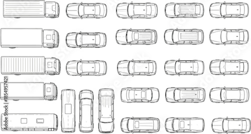 Top view vehicle blueprint illustration set, cars, trucks, vans outlines, automotive technical drawings, multiple transport types, line art style, isolated on white background