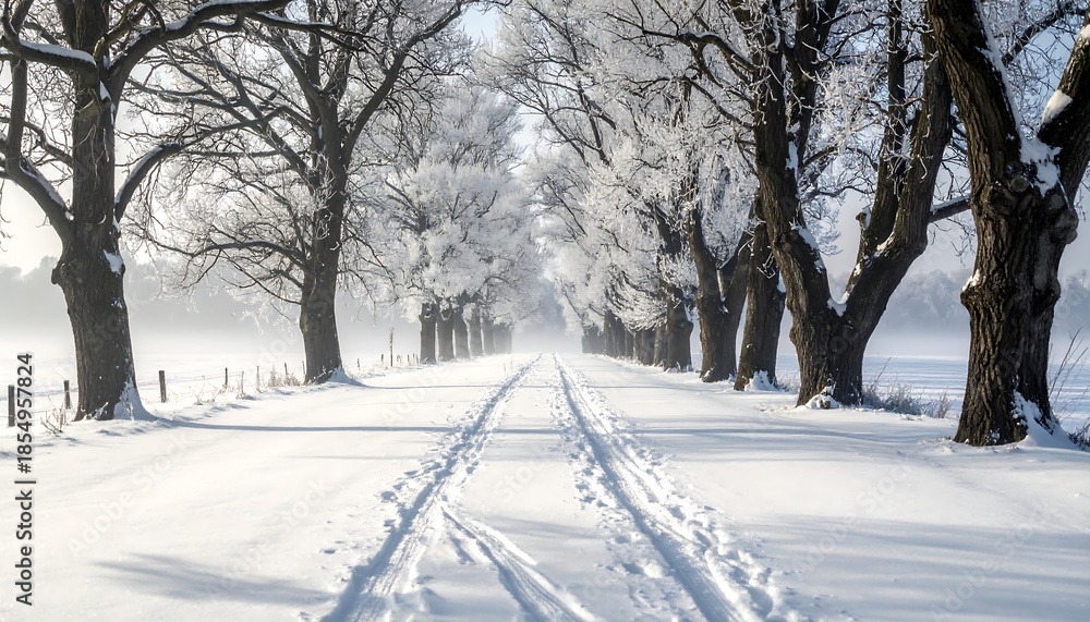 Obraz premium Snowy Winter Train Tracks Through Trees.