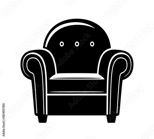 A classic black and white illustration of a comfortable upholstered armchair with rounded arms