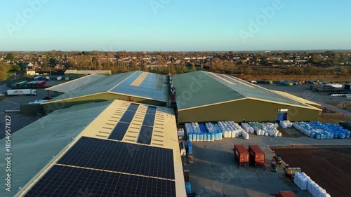 Aerial Drone View of Green Industrial Buildings Warehouses and Distribution Centres with Solar Panels and Goods Yards in Chatteris United Kingdom