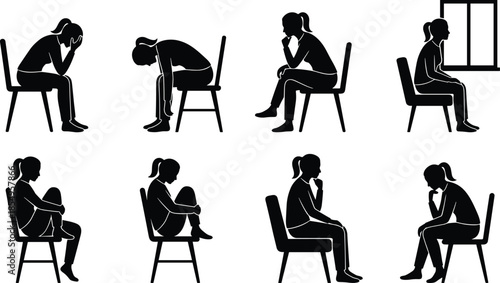 Silhouettes of seated figures in emotional postures, black illustrations, sadness, introspection, mental health gesture, window scene, white background, expressive body language