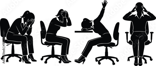Silhouettes of stressed office workers seated, black figures, emotional posture, frustration gesture, workplace burnout, desk chair pose, white background, mental fatigue