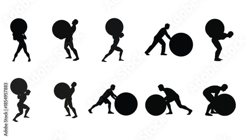 A series of silhouette illustrations of a person moving with a large oval object