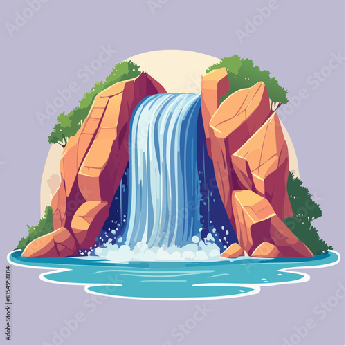 Cartoon illustration of a waterfall cascading between rocky cliffs into a pool of water.