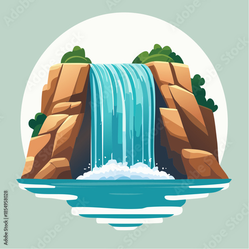 Cartoon illustration of a waterfall cascading over rocks into a pool of water, set against a light green background with a white circle.