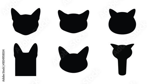 Six black cat head silhouettes in different shapes and orientations on a white background