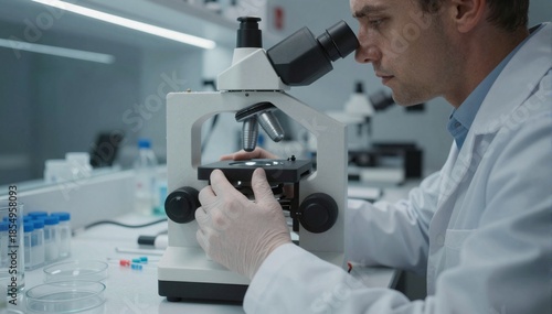 man in white lab coat uses microscope to examine petri dish on laboratory bench, focused and professional, in bright, clean lab environment, research, science, concentration., innovation