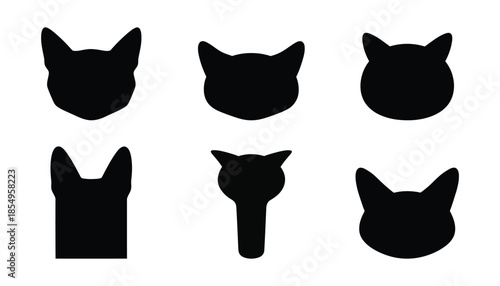 Collection of six distinctive feline head silhouettes in black