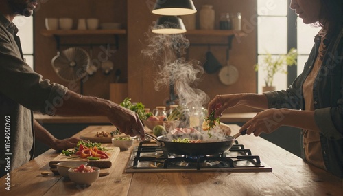 Two people, man and woman, are cooking in rustic kitchen, preparing food with steam rising from pan, creating calm, serene moment., family, togetherness, home cooking, comfort., Autumn, Thanksgiving