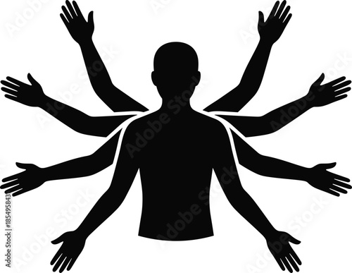Silhouette of person with multiple arms, black figure, radial gesture, multitasking symbol, agility pose, deity-like stance, white background, expressive motion