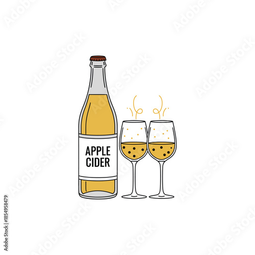 Apple cider bottle and flutes flat vector celebration icon