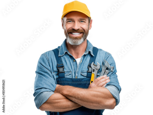 Mechanical Maestro: A skilled tradesman, his confident smile reflecting expertise, stands ready for action, clutching his indispensable tools