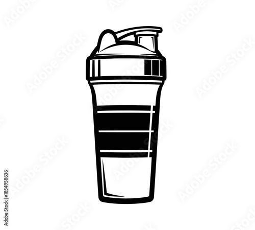 Simple black and white sketch depicting a protein shaker bottle fitness equipment