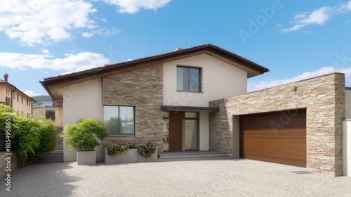 Wallpaper Mural Modern residential home with stylish stone facade, large windows, and beautifully landscaped driveway under a clear blue sky Torontodigital.ca