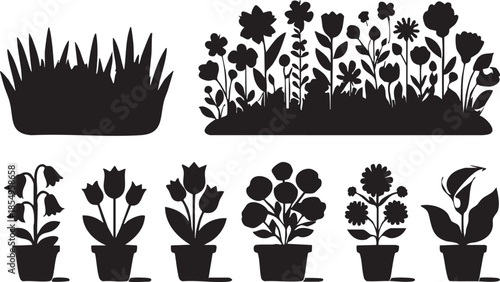 Black and white flower silhouette vector set: grass, garden flowers, potted plants eps