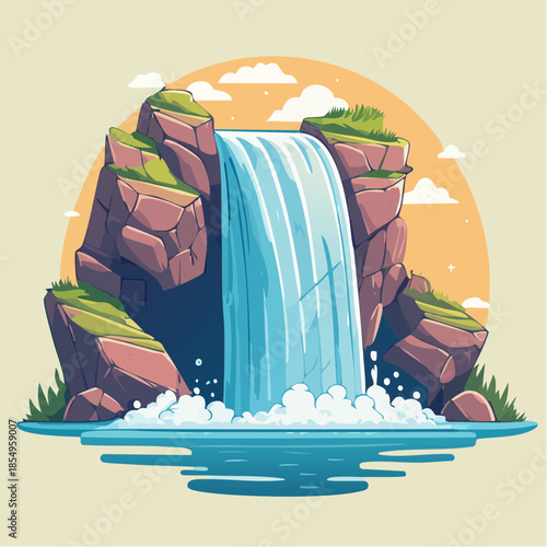 A vibrant cartoon illustration of a waterfall cascading between rocky cliffs into a serene pool.