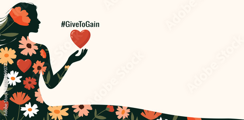 Vector horizontal banner for International Women's Day, March 8, silhouette of a woman adorned flowers, holding a heart. Design with space for text for poster, cards, social media. Women's empowerment