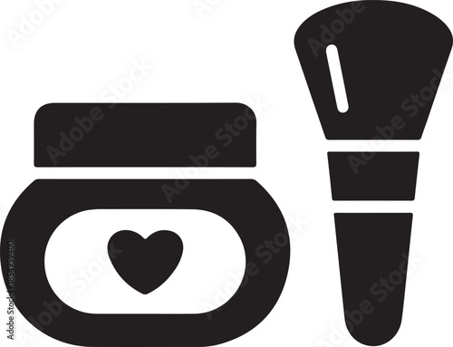 Skincare cream container with heart label and makeup brush minimal illustration