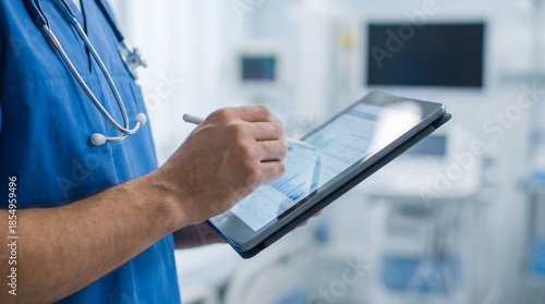 Healthcare doctor using digital tablet for patient data analysis and medical reporting in modern hospital environment.