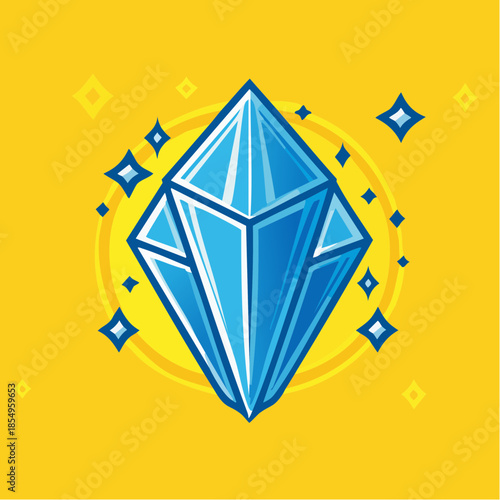Illustration of a blue diamond with sparkles on a yellow background.