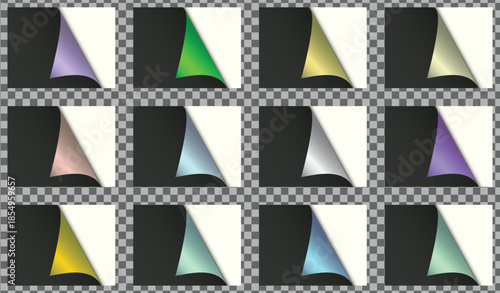 Curled paper corner. Curve paper. Bent page corners. A4 pages with corners. Paper page turning corner vector illustration.