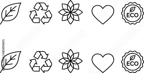 Eco friendly line icon set featuring leaf, recycle symbol, flower, heart and eco badge, sustainable nature outline illustration design
