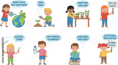 Eco-friendly kids illustration set promoting sustainability, recycling, reducing plastic, planting trees, saving water, and learning environmental responsibility through simple daily actions