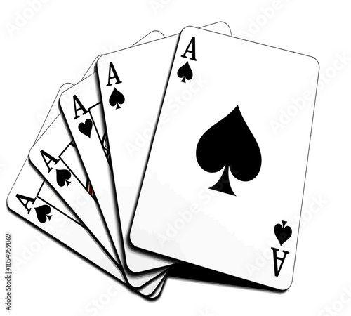 Five playing cards are displayed all of which are aces from a standard deck