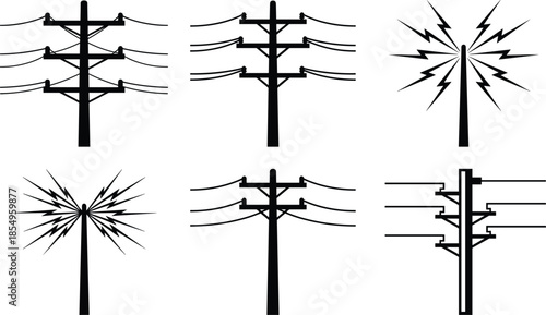 electric power pole icons set showing transmission lines and energy surge effects, utility line illustrations for electricity network, infrastructure symbols for safety and engineering design
