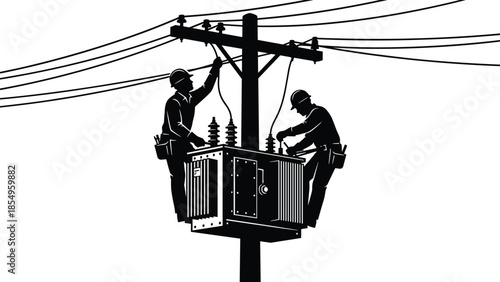 electric utility linemen repairing transformer on power pole, high voltage maintenance work, electrical technicians performing outdoor repair tasks, energy infrastructure service operation
